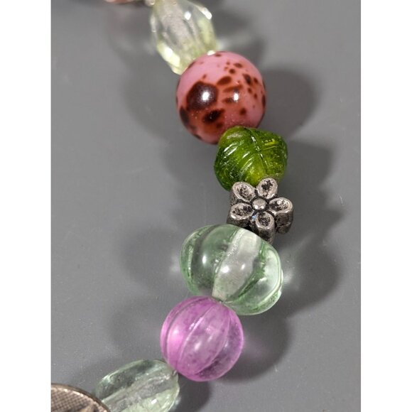 Green Pink Glass Bead Flower Toggle Bracelet Boho Festival Beachy 7" Star - Picture 3 of 9